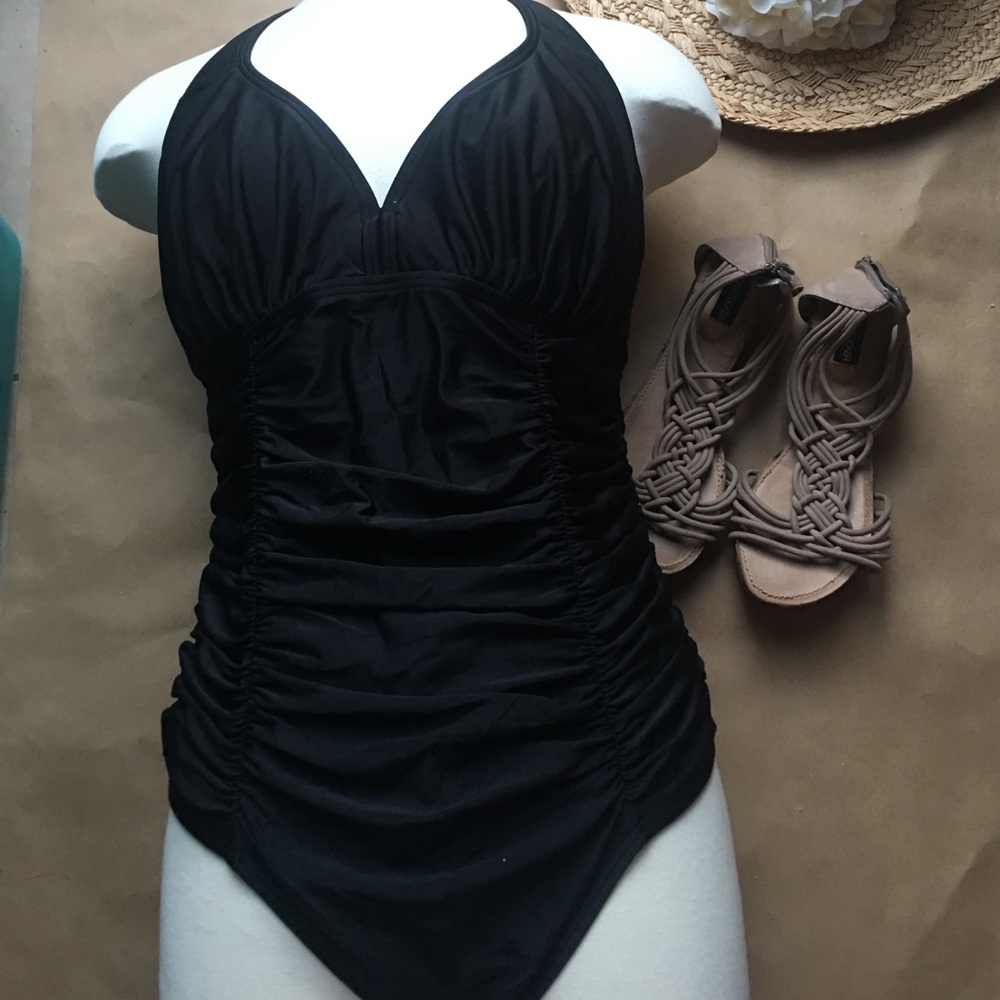 AERIN ROSE BLACK RUFFLED HALTER SWIMSUIT 12D/DD